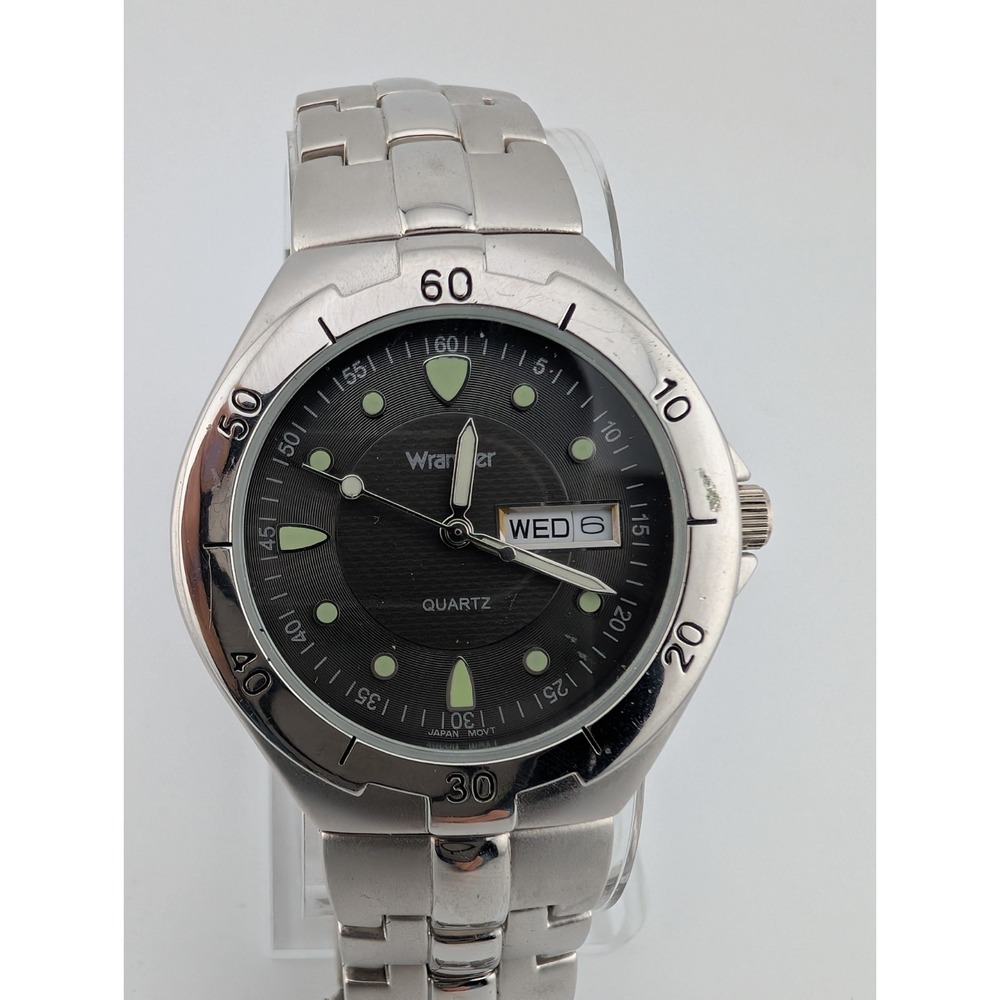 Wrangler Hero Watch Men 38mm Silver Case Black Dial‎ 7.25" Band- New Battery
